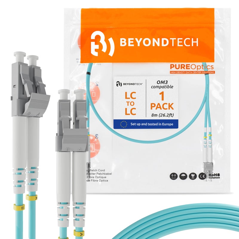 BEYONDTECH 8m (26.24ft) LC to LC Fiber Patch Cable â€“ UPC Multimode Duplex Fiber Optic Cable â€“ 50/125Âµm core, Compatible with OM3 â€“ 10G LSZH PUREOptics Series - Image 1